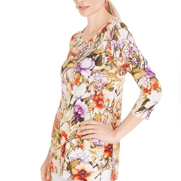 CHICO'S Cotton Blend Slun Tee Floral Botanical 3/4 Sleeve Tee Sz medium - Picture 2 of 8